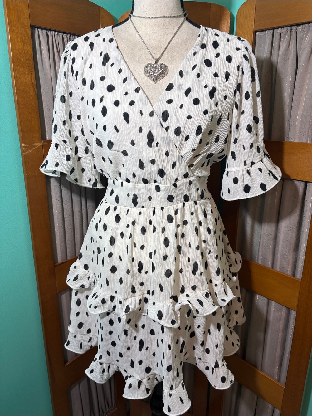Dalmatian Dot V-Neck Ruffle Mini Dress - White/Black